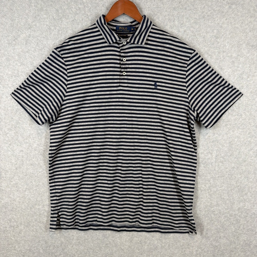 Polo Ralph Lauren~RN41381~Short Sleeve~Navy & Gray Striped Polo Shirt Size XL
